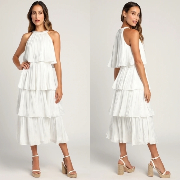 Lulus Dresses & Skirts - Lulus Tier and Far White Tiered Pleated Halter Midi Dress S Wedding Party Bridal